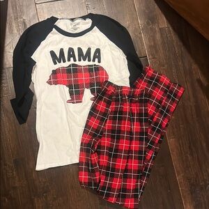 Plaid Bear Women’s Pajamas Set - Black and Red